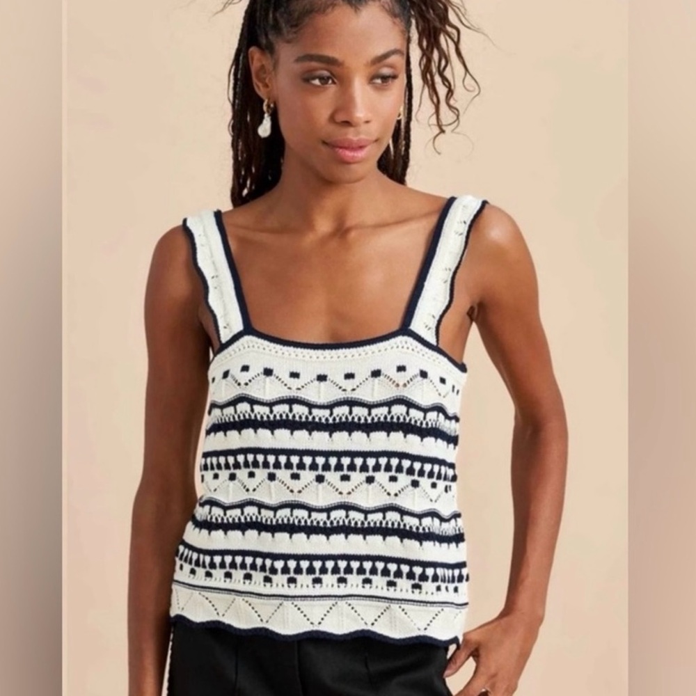 La Ligne Navy and White Crochet Tank Top